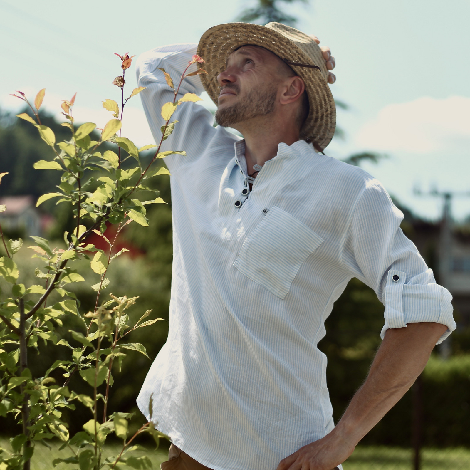 Lněná košile s poutky - modrý proužek